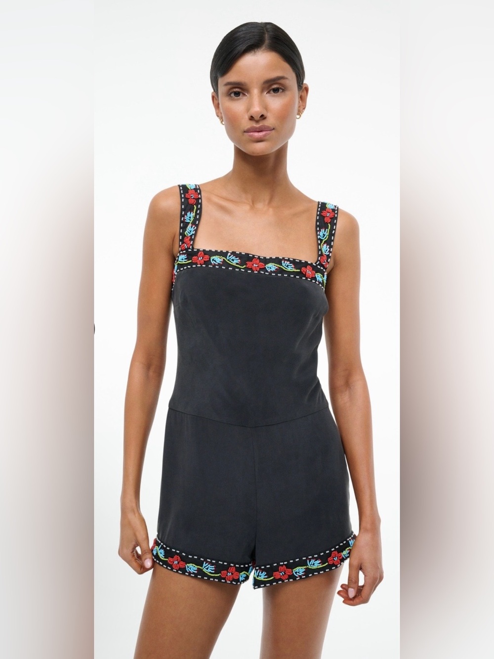 STAUD Veronica Silk Romper in Black. Size M.